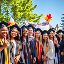 A joyful graduation scene featuring a diverse group of graduates in elegant caps and gowns standing with big smiles on their faces, celebrating their achievements