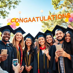 A joyful graduation scene featuring a diverse group of graduates in elegant caps and gowns standing with big smiles on their faces, celebrating their achievements
