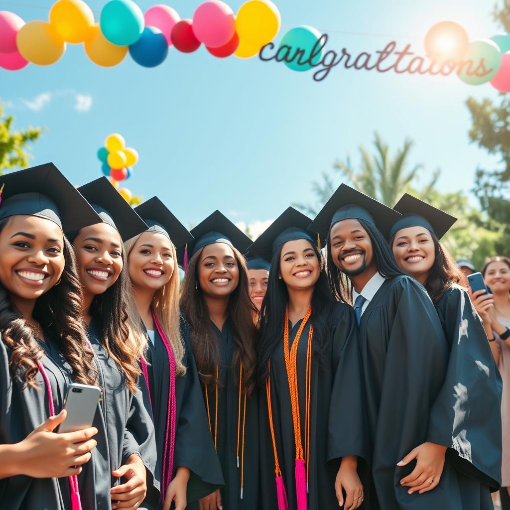 A joyful graduation scene featuring a diverse group of graduates in elegant caps and gowns standing with big smiles on their faces, celebrating their achievements