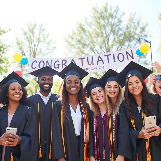 A joyful graduation scene featuring a diverse group of graduates in elegant caps and gowns standing with big smiles on their faces, celebrating their achievements