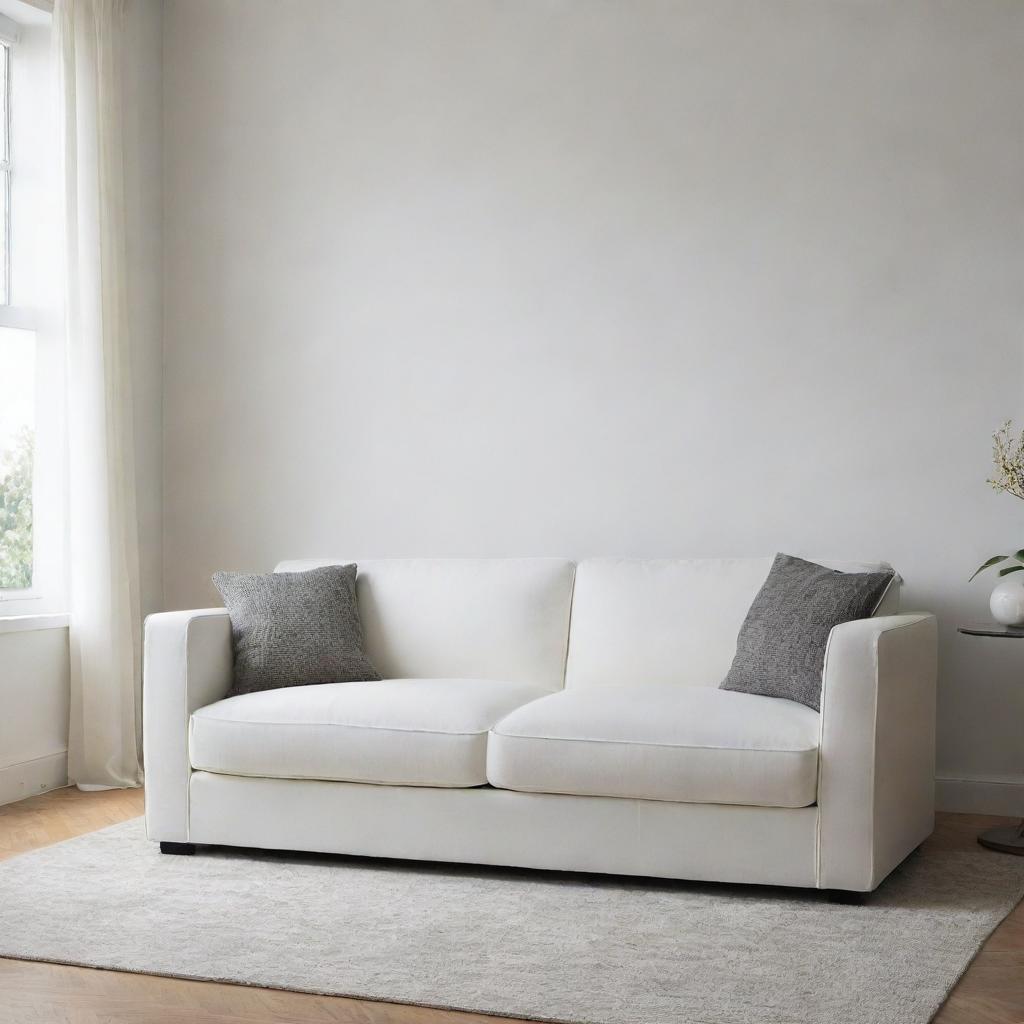 A white sofa located in the center of a living room that contrasts with the sofa.