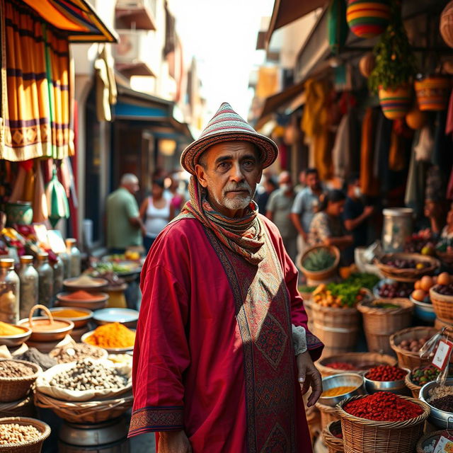 A typical Moroccan resident working in a bustling market, showcasing vibrant colors and textures around them