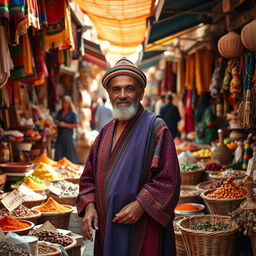 A typical Moroccan resident working in a bustling market, showcasing vibrant colors and textures around them