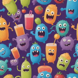 A playful background featuring whimsical monsters and a vibrant, overflowing juice