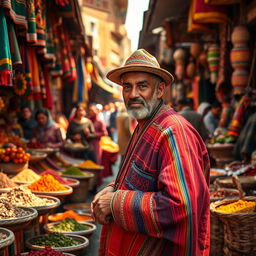 A typical Moroccan resident working in a bustling market, showcasing vibrant colors and textures around them