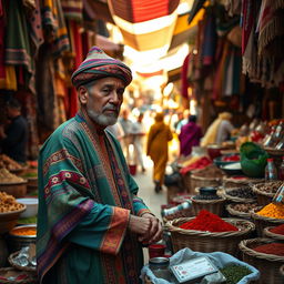 A typical Moroccan resident working in a bustling market, showcasing vibrant colors and textures around them