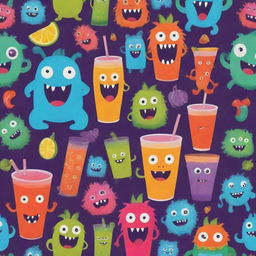 A playful background featuring whimsical monsters and a vibrant, overflowing juice