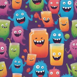 A playful background featuring whimsical monsters and a vibrant, overflowing juice