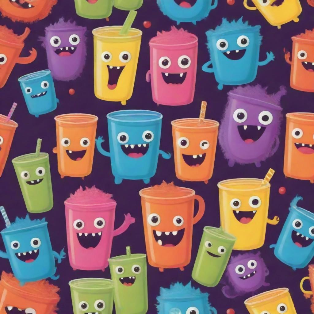 A playful background featuring whimsical monsters and a vibrant, overflowing juice