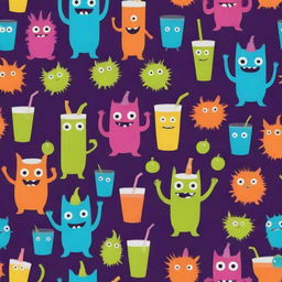 A playful background featuring whimsical monsters and vibrant juice, rendered only in two contrasting colors