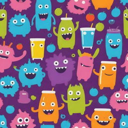 A playful background featuring whimsical monsters and vibrant juice, rendered only in two contrasting colors