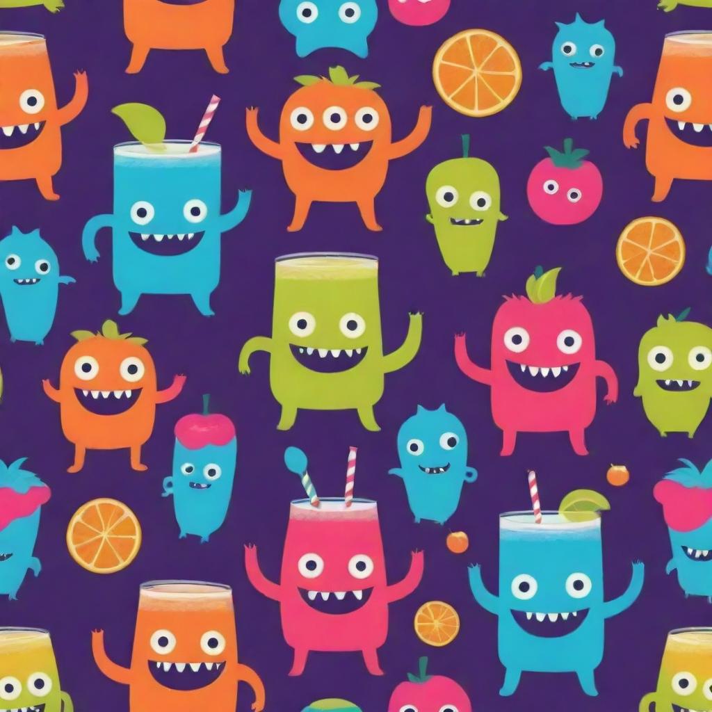 A playful background featuring whimsical monsters and vibrant juice, rendered only using two contrasting colors