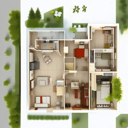 A detailed floor plan for a one bedroom flat, ideally suited for students, with interior shower and toilet, specifically designed to fit within a 1072 square meter land.