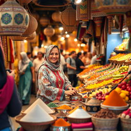 A typical Moroccan female resident working as a shopkeeper in a vibrant market setting