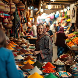 A typical Moroccan female resident working as a shopkeeper in a vibrant market setting