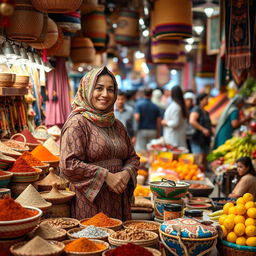 A typical Moroccan female resident working as a shopkeeper in a vibrant market setting