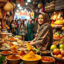 A typical Moroccan female resident working as a shopkeeper in a vibrant market setting