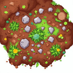 A vibrant pixel art illustration of textured ground, showcasing a mix of natural elements