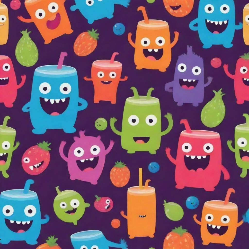 A playful background featuring whimsical monsters and vibrant juice, rendered only using two contrasting colors