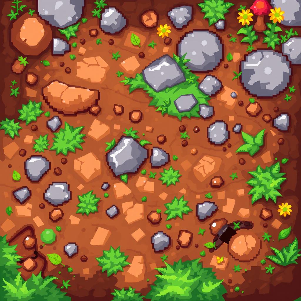 A vibrant pixel art illustration of textured ground, showcasing a mix of natural elements