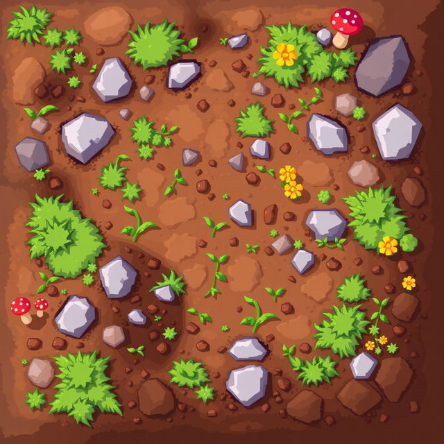 A vibrant pixel art illustration of textured ground, showcasing a mix of natural elements