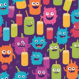 A playful background featuring whimsical monsters and vibrant juice, rendered only using two contrasting colors