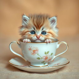 A raw photograph of an adorable, fluffy kitten nestled snugly in a delicate teacup, showcasing its playful and charming personality