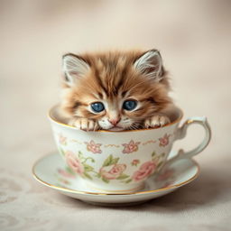 A raw photograph of an adorable, fluffy kitten nestled snugly in a delicate teacup, showcasing its playful and charming personality
