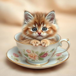A raw photograph of an adorable, fluffy kitten nestled snugly in a delicate teacup, showcasing its playful and charming personality