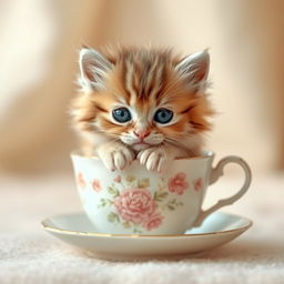 A raw photograph of an adorable, fluffy kitten nestled snugly in a delicate teacup, showcasing its playful and charming personality