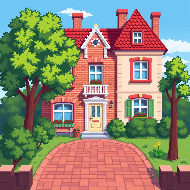 An intricate pixel art illustration of a charming building, designed with a colorful facade