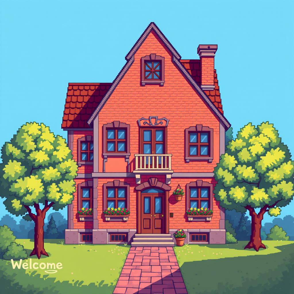 An intricate pixel art illustration of a charming building, designed with a colorful facade