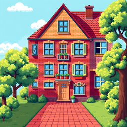 An intricate pixel art illustration of a charming building, designed with a colorful facade