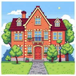 An intricate pixel art illustration of a charming building, designed with a colorful facade