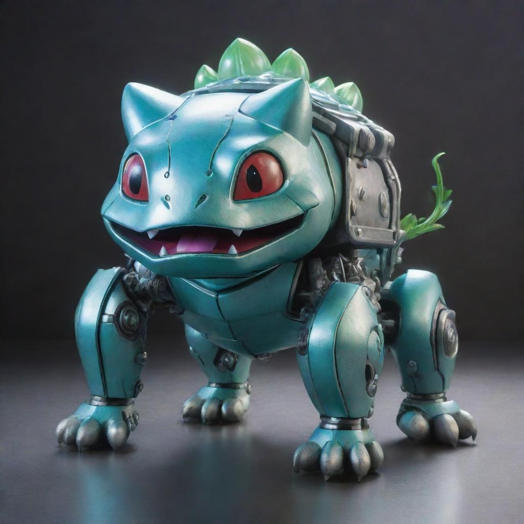 A large mechanical creature resembling the Pokémon Bulbasaur, made entirely from shiny, cold-toned metal with glowing accents resembling futuristic technology.