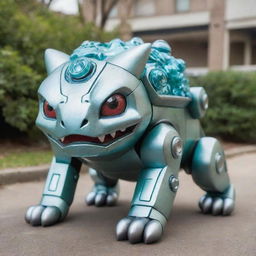 A large mechanical creature resembling the Pokémon Bulbasaur, made entirely from shiny, cold-toned metal with glowing accents resembling futuristic technology.