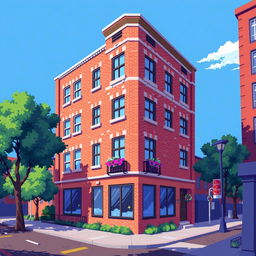 An engaging pixel art illustration of a multi-story building, featuring a vibrant and colorful exterior