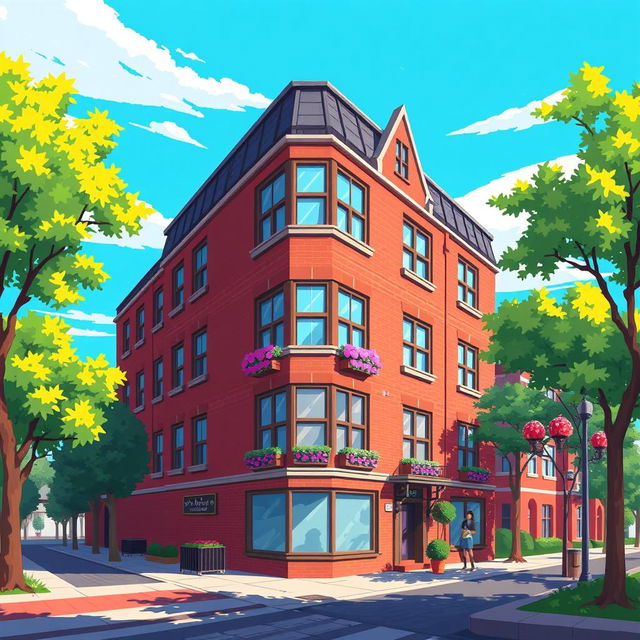 An engaging pixel art illustration of a multi-story building, featuring a vibrant and colorful exterior