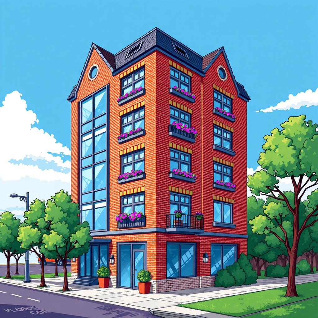 An engaging pixel art illustration of a multi-story building, featuring a vibrant and colorful exterior