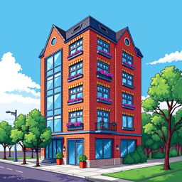 An engaging pixel art illustration of a multi-story building, featuring a vibrant and colorful exterior