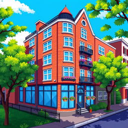 An engaging pixel art illustration of a multi-story building, featuring a vibrant and colorful exterior