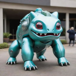 A large mechanical creature resembling the Pokémon Bulbasaur, made entirely from shiny, cold-toned metal with glowing accents resembling futuristic technology.