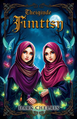 A dark fantasy book cover featuring two Muslim girls wearing colorful hijabs, standing in a mystical forest under a moonlit sky