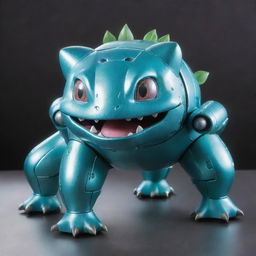 A large mechanical creature resembling the Pokémon Bulbasaur, made entirely from shiny, cold-toned metal with glowing accents resembling futuristic technology.