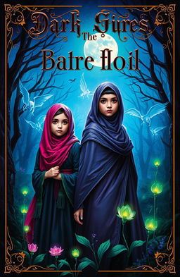 A dark fantasy book cover featuring two Muslim girls wearing colorful hijabs, standing in a mystical forest under a moonlit sky