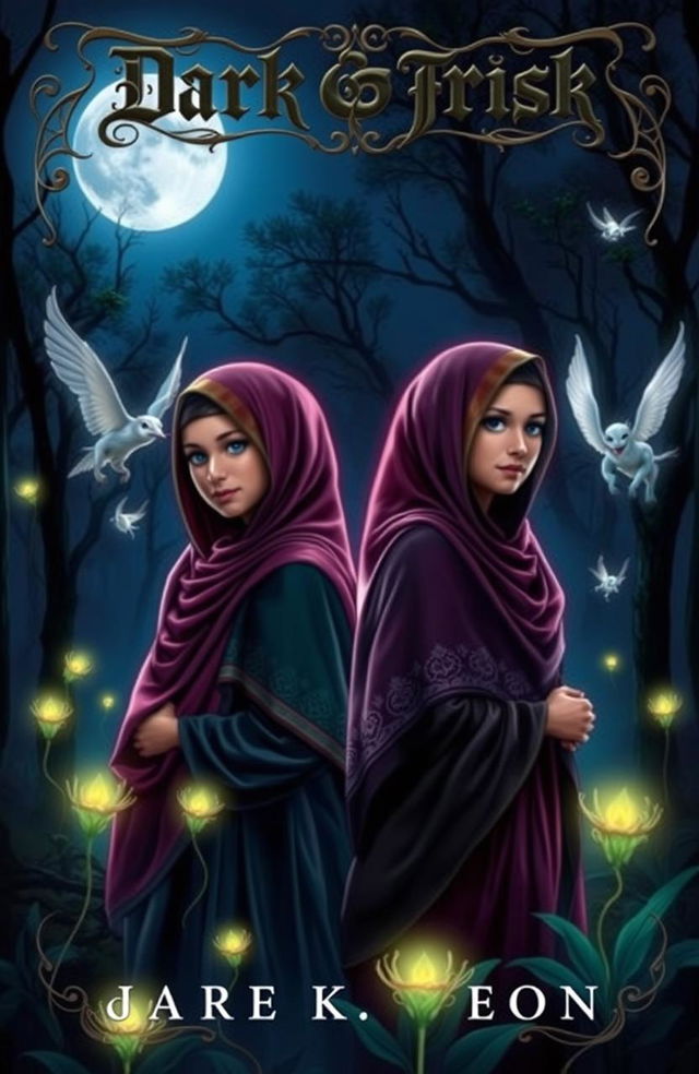 A dark fantasy book cover featuring two Muslim girls wearing colorful hijabs, standing in a mystical forest under a moonlit sky