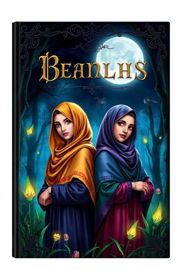 A dark fantasy book cover featuring two Muslim girls wearing colorful hijabs, standing in a mystical forest under a moonlit sky