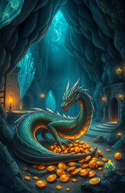 A captivating illustration of a dragon's lair situated in a mystical and ancient kingdom beneath the earth