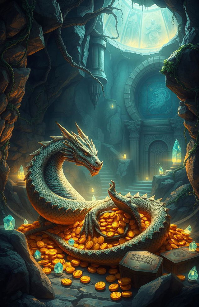 A captivating illustration of a dragon's lair situated in a mystical and ancient kingdom beneath the earth