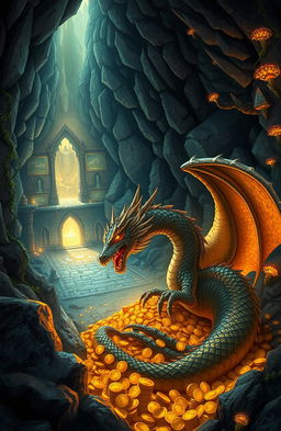 A captivating illustration of a dragon's lair situated in a mystical and ancient kingdom beneath the earth